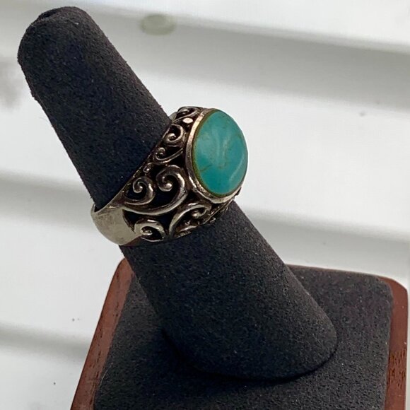 Vintage Sterling Silver Turquoise Ring 6.75 — Ornate Boho Scrollwork, 925 Southw - Picture 2 of 8